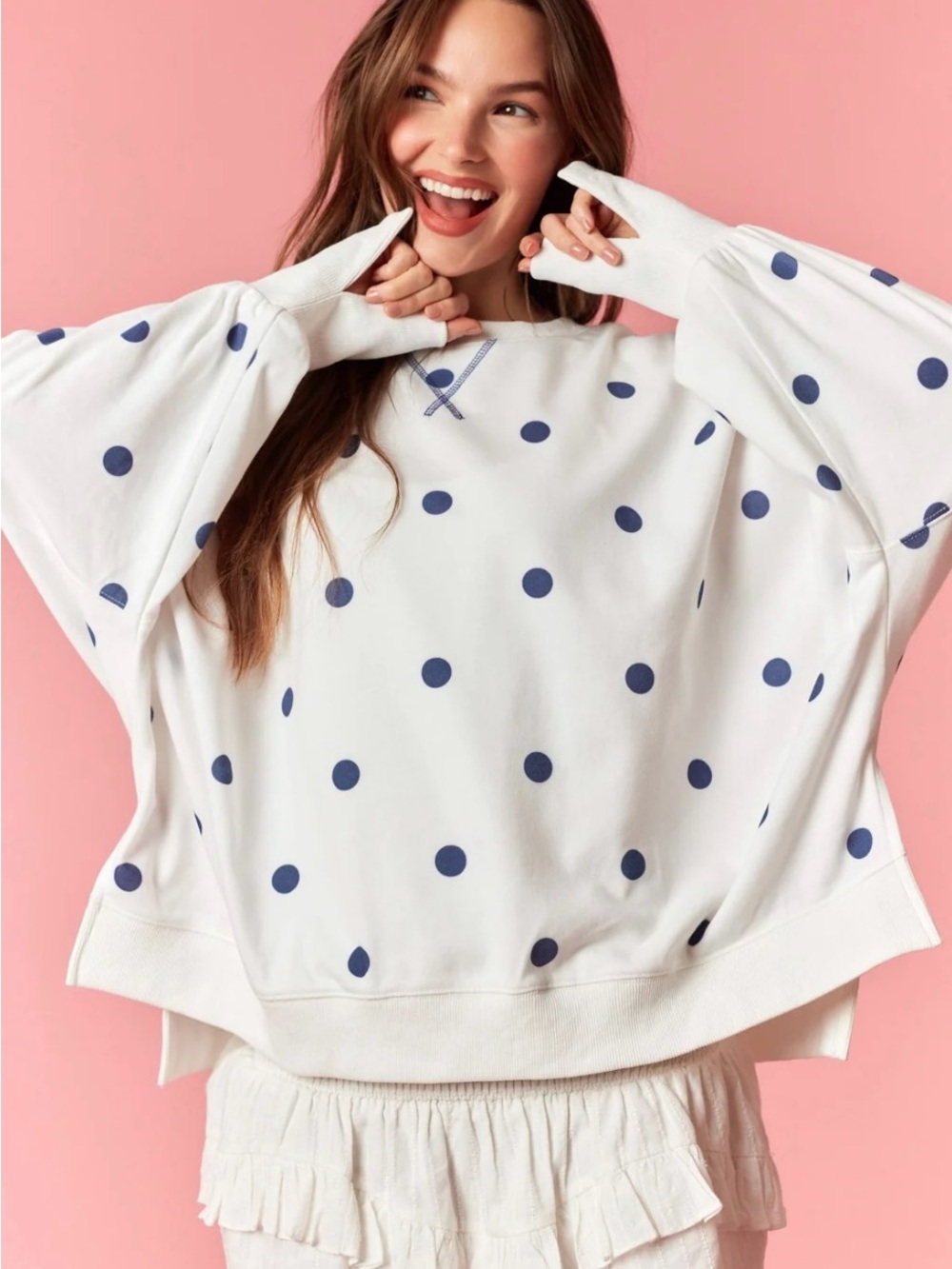 Sassy Off White With Navy Polka Dots Oversized Sweatshirt